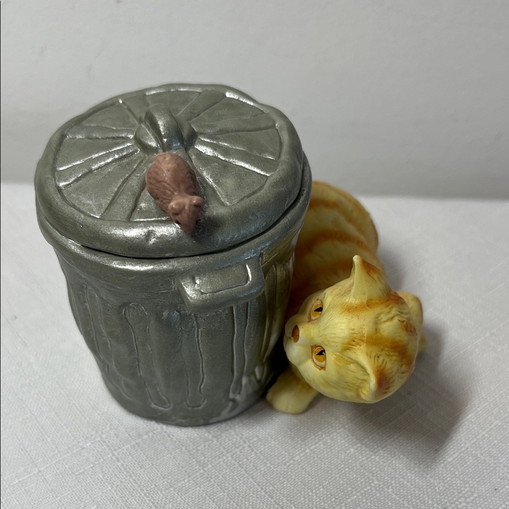 Enesco Gray Trash Can with Orange Cat and Brown Mouse Figurine